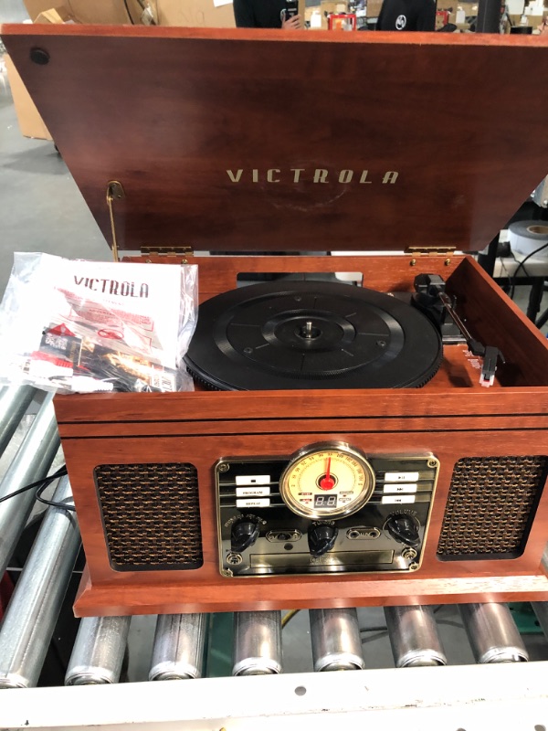 Photo 2 of Victrola Nostalgic 6-in-1 Bluetooth Record Player & Multimedia Center with Built-in Speakers - 3-Speed Turntable, CD & Cassette Player, FM Radio | Wireless Music Streaming | Mahogany Mahogany Entertainment Center