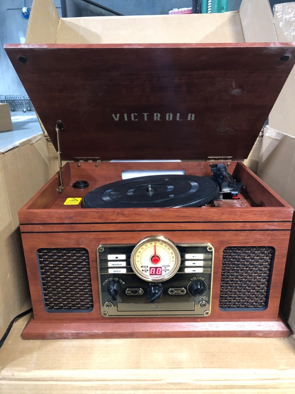 Photo 5 of **BROKEN**Victrola Nostalgic 6-in-1 Bluetooth Record Player & Multimedia Center with Built-in Speakers - 3-Speed Turntable, CD & Cassette Player, FM Radio | Wireless Music Streaming | Mahogany Mahogany Entertainment Center