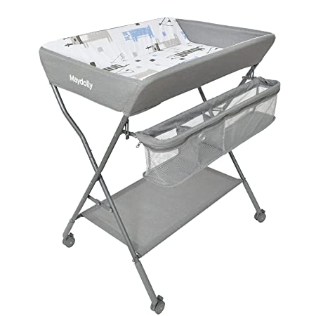 Photo 1 of Baby Changing Table with Wheels, Maydolly Portable Adjustable Height Folding Diaper Station with Nursery Organizer & Storage Rack for Newborn Baby and Infant, Grey Pattern