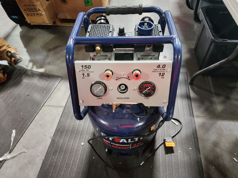 Photo 3 of **PARTS ONLY** Regulator broken/stripped  Stealth 12 Gallon Ultra Quiet Air Compressor, 1.5 HP Oil-Free Peak 150 PSI 68 Decibel AirPump, 4 CFM @ 90 PSI, Long Life Electric Air Compressor W/Wheels for Garage, Workshop, Jobsite SAQ-11215