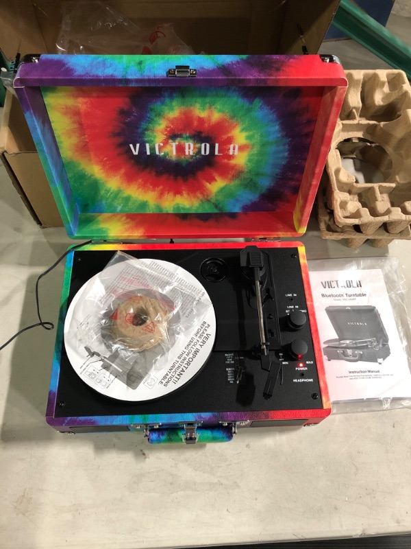 Photo 2 of Victrola Vintage 3-Speed Bluetooth Portable Suitcase Record Player with Built-in Speakers | Upgraded Turntable Audio Sound| Includes Extra Stylus | Tie Dye, 1SFA (VSC-550BT-TDY) Tie Dye Record Player