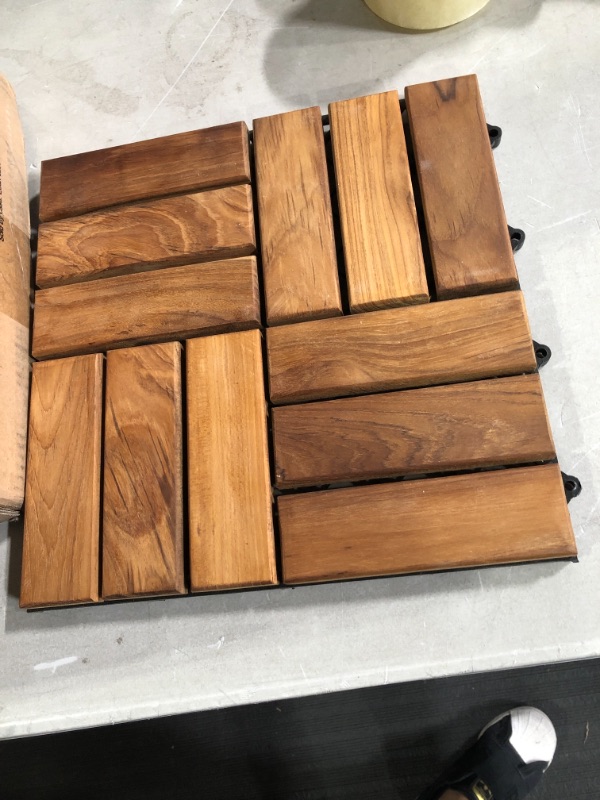 Photo 2 of Bare Decor BARE-WF2009 Solid Teak Wood Interlocking Flooring Tiles (Pack of 10), 12" x 12", Brown 10 sq ft