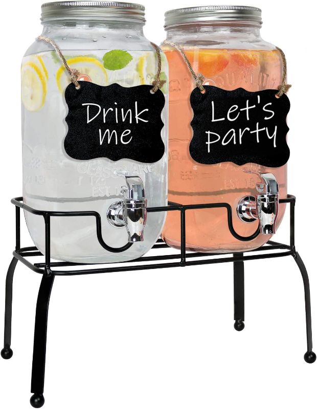 Photo 1 of Glass Drink Dispenser for Parties - Set of 2-1 Gallon Glass Jar Beverage Dispensers with Stand, Glass Water Dispenser Countertop for Weddings, Sun Tea Jar, Lemonade & Laundry Detergent Dispenser
