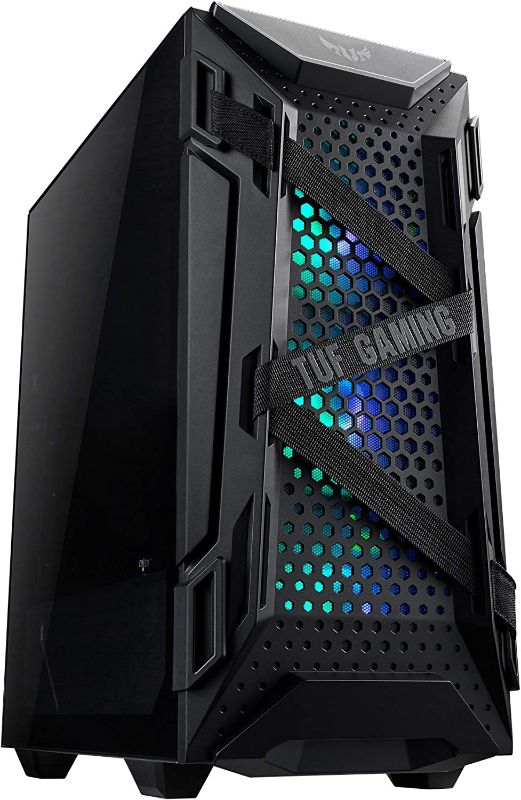 Photo 1 of ASUS TUF Gaming GT301 Mid-Tower Compact Case for ATX Motherboards with honeycomb Front Panel, 120mm AURA Addressable RBG fans, headphone hanger, and 360mm radiator support, 2 x USB 3.2
