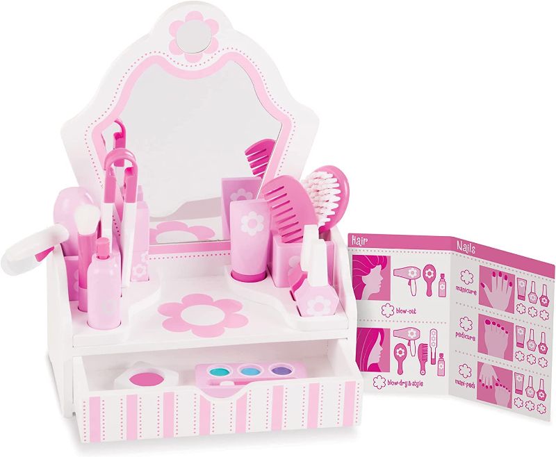 Photo 1 of Melissa & Doug Wooden Beauty Salon Play Set With Vanity and Accessories (18 pcs) - Pretend Hair Salon, Toddler Makeup Vanity, Fashion Role Play Set For Kids Ages 3+
