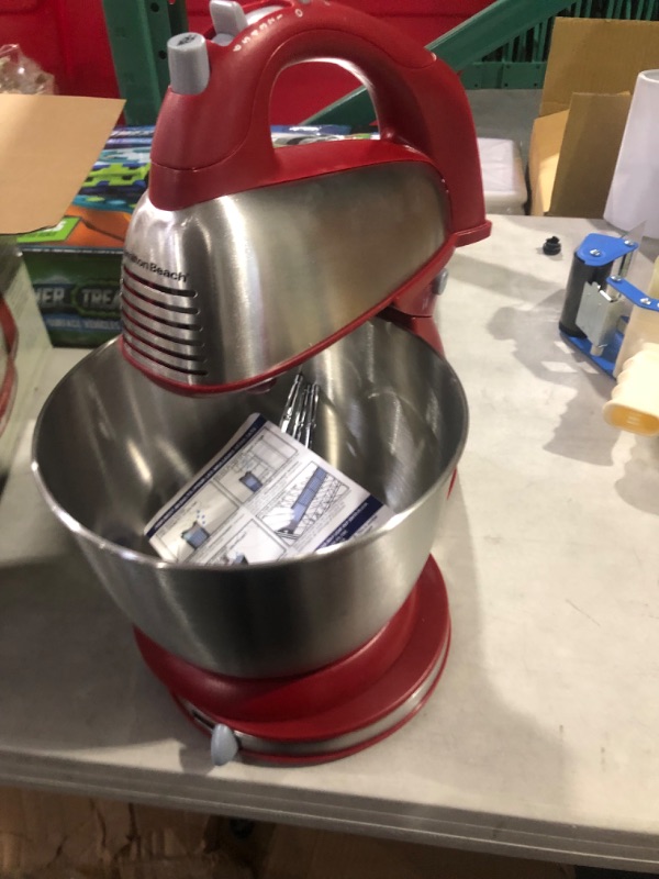 Photo 1 of Hamilton Beach Classic Stand and Hand Mixer, 4 Quarts, 6 Speeds with QuickBurst, Bowl Rest, 290 Watts Peak Power, Red (64654) Red Stand Mixer