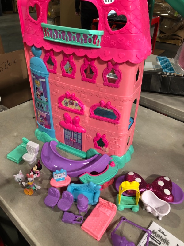 Photo 1 of Minnie Mouse Bow-Tel Hotel, 2-Sided Playset with Lights, Sounds, and Elevator, 20 Pieces, Includes Minnie Mouse, Daisy Duck, and Snowpuff Figures, by Just Play