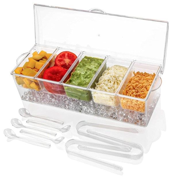 Photo 1 of Ice Chilled 5 Compartment Condiment Server Caddy | Plastic Storage Food Containers | Serving Tray Container with 5 Removable Dishes Over 2 Cup Capacity Each and Hinged Lid