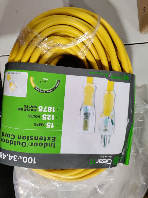 Photo 2 of GearIT Extension Cord 100 Feet 10/3-3 Triple Outlet Ultra Heavy Duty SJEOW Extreme Weather Outdoor/Indoor - 10 Gauge 3 Prong, LED Lighted Plug, Oil Resistant Rubber Jacket 3 Outlet - 10AWG 100ft (SJEOW) - YELLOW