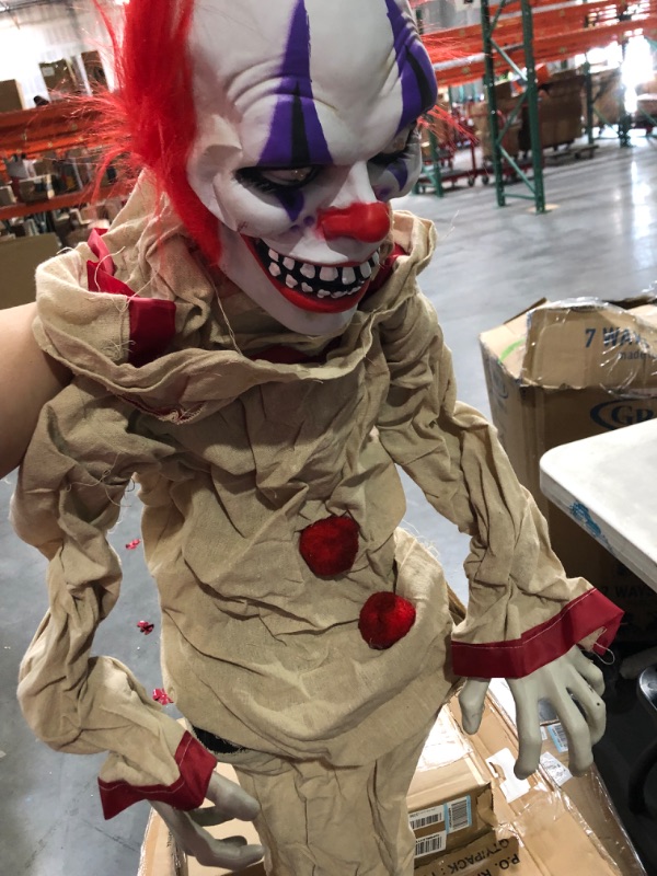 Photo 3 of Haunted Hill Farm Life-Size Animatronic Clown, Indoor/Outdoor Halloween Decoration, Multi 60" Creepy Clown