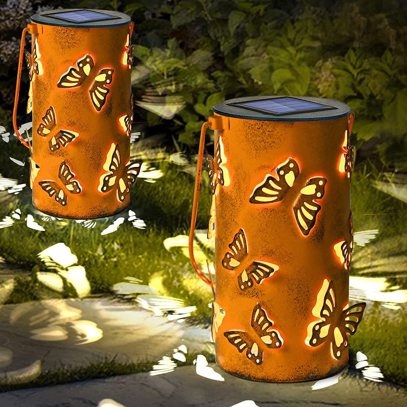 Photo 1 of Greenidea 2 Pack Hanging Solar Lanterns Retro Solar Lights with Handle, Outdoor Solar Garden Lights Decor with Butterfly Pattern for Yard Tree Lawn Fence Patio-Yellow
