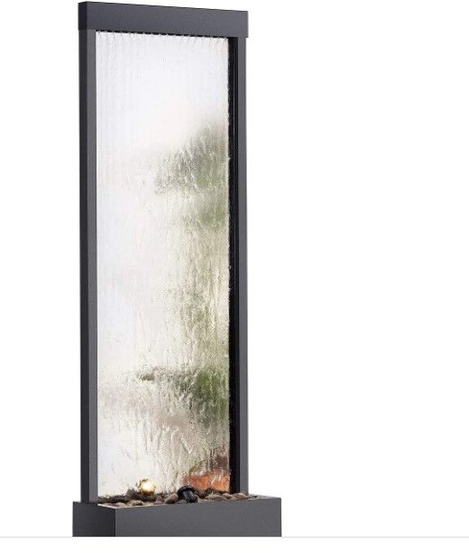 Photo 1 of 72 in. Tall Indoor/Outdoor Mirror Zen Waterfall Fountain with Stones and Lights, Silver