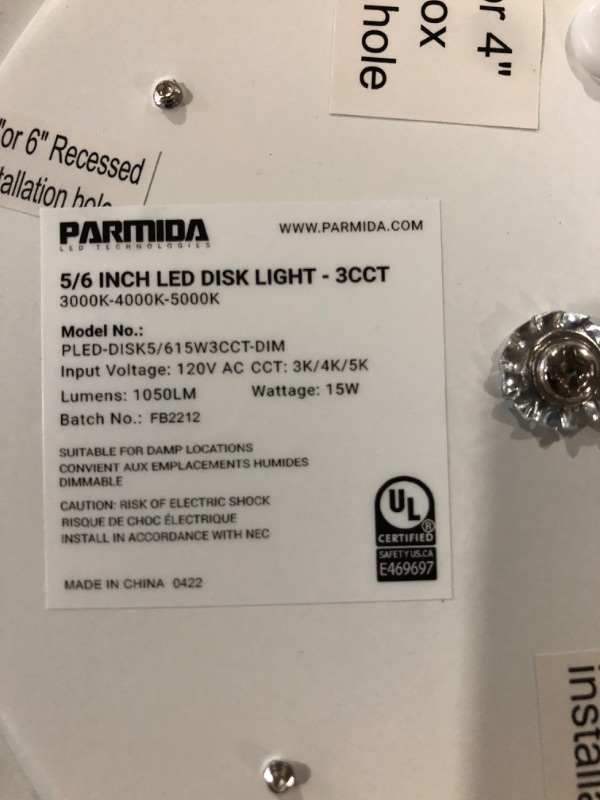 Photo 4 of PARMIDA (24 Pack) 5/6 Inch Dimmable 3CCT LED Disk Lights, 15W Surface Mount Recessed Ceiling Lighting, 3 Color Selectable 3000K/4000K/5000K, 1050lm, J-Box Or Recessed Can Installation, UL-Listed
