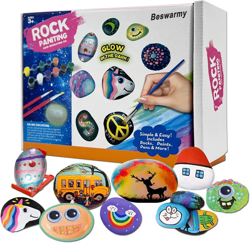 Photo 1 of Beswarmy Rock Painting Kit for Kids, Arts and Crafts for Ages 6-12 Glow in The Dark 