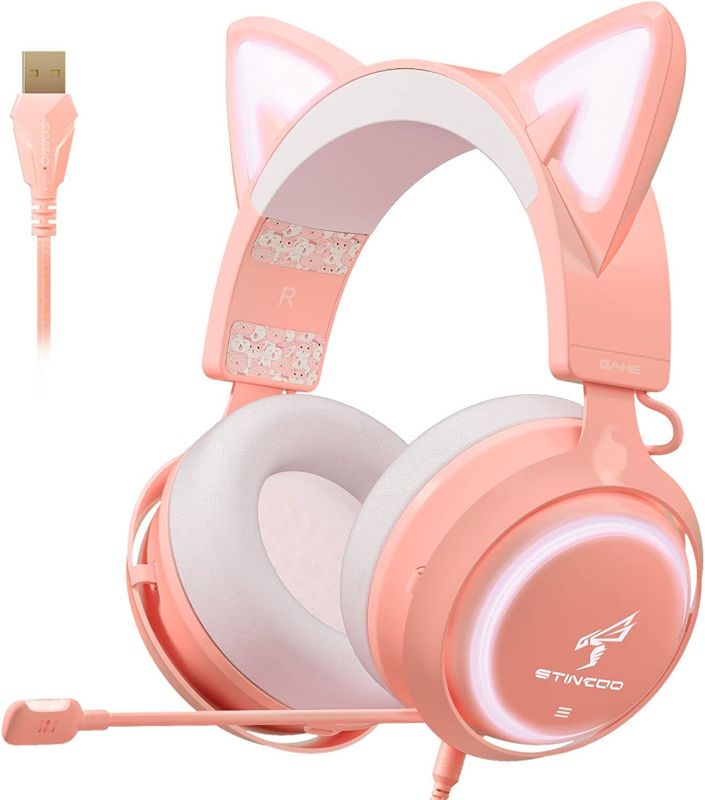 Photo 1 of SOMIC GS510 Cat Ear Headset Wireless Gaming Headset for PS5/ PS4/ PC, Pink Headset 2.4G with Retractable Mic, 7.1 Stereo Sound, 8Hrs Playtime, RGB Lighting for Girls (Xbox Only Work in Wired Mode)
