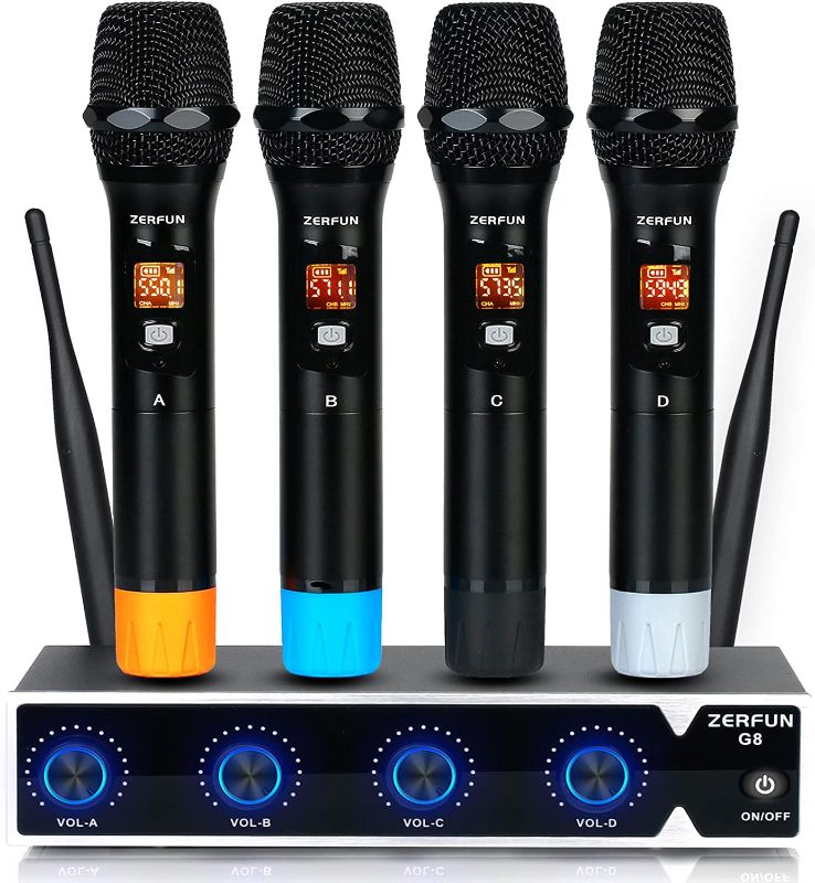 Photo 1 of ZERFUN G8 Wireless Microphone System, 4-Channel Metal Handheld Wireless Microphones Karaoke Professional, Dynamic Cordless Microphone for Singing Karaoke Church, 200 UHF Adjustable Frequency(200FT)