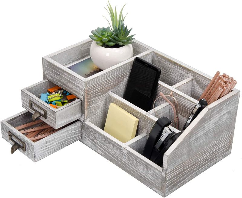 Photo 1 of Distressed Rustic Wooden Office Desktop Organizer Storage with Multiple Compartments 2 Tier Drawers (gray)