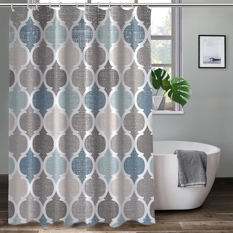 Photo 2 of Bathroom Bundle.  Infinite for You 100 % Cotton Bath Towel (Brown, 650.0) and ZEREAA Fabric Shower Curtain, Moroccan Blue Grey Geometric Plaid Polyester Bathroom Décor. 