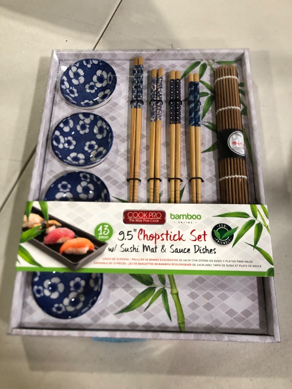 Photo 2 of 13 Pc Multicolored Bamboo Chopstick Set W/ Sauce Dishes 14.75 x 11 x 1.25 inches

