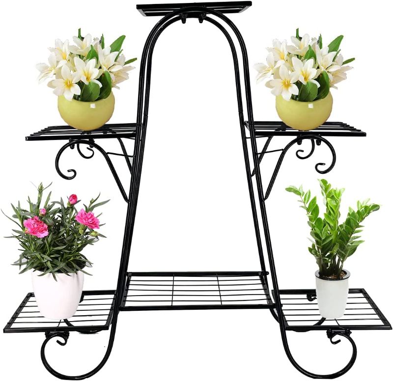 Photo 1 of SOFEDY Metal Plant Stand Indoor Outdoor 3 Tier 6 Potted Multiple Plant Shelf Wrought Iron Planter Rack Garden Flower Pot Holder Display for Garden Living Room Bedroom Office Black