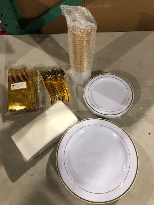 Photo 2 of 175 Piece Gold Dinnerware Set - 50 Gold Rim Plastic Plates - 25 Gold Plastic Silverware - 25 Gold Plastic Cups - 25 Linen Like Gold Paper Napkins, 25 Guest Disposable Gold Dinnerware Set