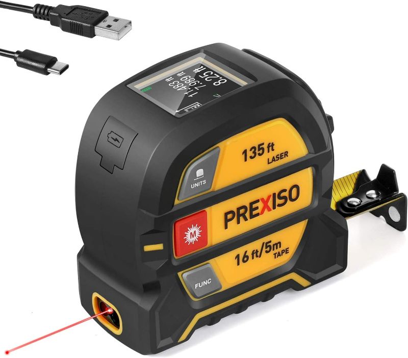 Photo 1 of 
PREXISO 2-in-1 Laser Tape Measure, 135Ft Rechargeable Laser Measurement Tool & 16Ft Measuring Tape Movable Magnetic Hook