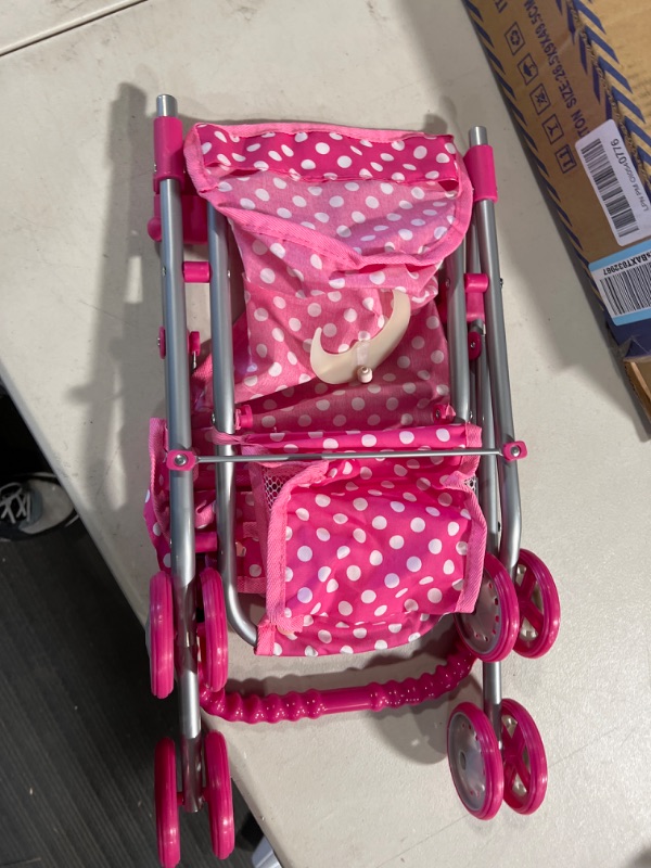 Photo 1 of Precious Toys Baby Doll Stroller, Pink & White Polka Dots Baby Stroller for Dolls, Foldable with Hood and Basket, Toy Stroller for Baby Dolls, Doll Strollers for Girls 2 Years Old and Older, Toddlers