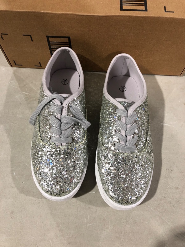 Photo 2 of FEVERSOLE Women's Fashion Dress Sneakers Party Bling Casual Flats Embellished Shoes 6 Silver Glitter Laceup Plimsolls