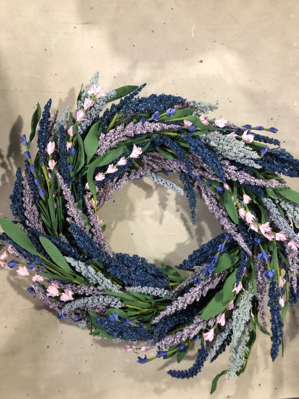 Photo 2 of 2 TEMPUS-20-inch Artificial Lavender Green Leaf Wreath Spring/Summer Front Door Wreath Wreat for Home Porch Wall Window Summer Wedding Garden Office Decor (Purple)