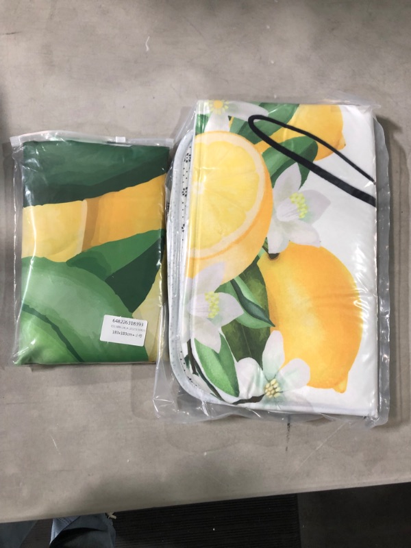 Photo 2 of 4Pcs Shower Curtain Set with Rugs, Toilet Lid Cover Bath Mat, Fresh Lemon and Green Leaves Fruit Bathroom Decor Set with 12 Hooks, Durable Waterproof Fabric for Bathroom Small:72'x72'+18'x30'+14'x18'+15'x18' Yellow White