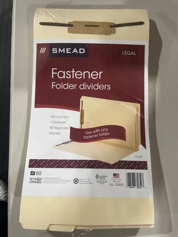 Photo 2 of Smead Stackable Folder Divider with Fastener, Bottom 1/5-Cut Tab, Legal Size, Manila, 50 per Box (35650)