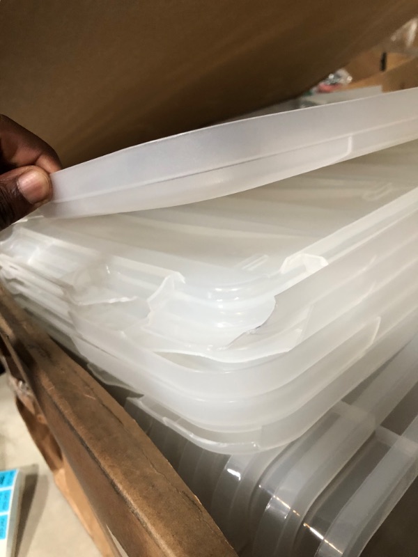Photo 4 of IRIS USA 53 Qt. Plastic Storage Bin Tote Organizing Container with Durable Lid and Secure Latching Buckles, Stackable and Nestable, 6 Pack, clear with Black Buckle f) 53 Qt. - 6 Pack