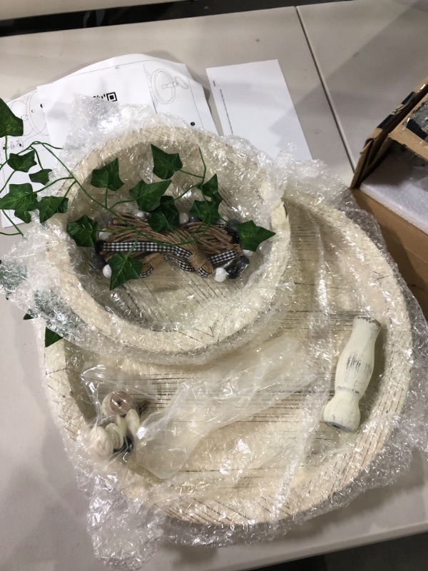 Photo 2 of Tiered Tray- Farmhouse Two Tiered Serving Tray | 2 Tier Tray Comes with Wood Bead Garland & Imitation Vine, Vintage Wood Two Tiered Tray with Metal Handle(3PCS)