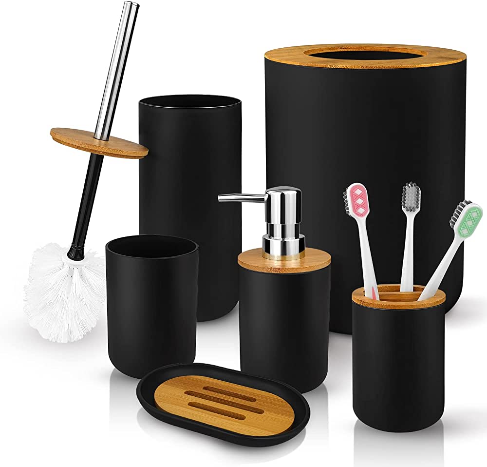 Photo 1 of 6 Pcs Bamboo and Plastic Bathroom Accessories Sets, Includes Toothbrush Cup, Toothbrush Holder, Soap Dispenser, Soap Dish, Toilet Brush with Holder, Trash Can, with 3 Pcs Toothbrushes (Black)