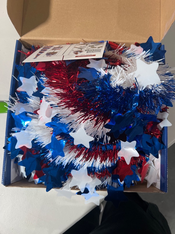 Photo 3 of 4th of July Decor, Patriotic Pop up Pencil Tree ,4.9 Ft Christmas Tinsel Tree,Sequin Star Ornaments Garland Collapsible Tree for Independence Day Memorial Home Decor