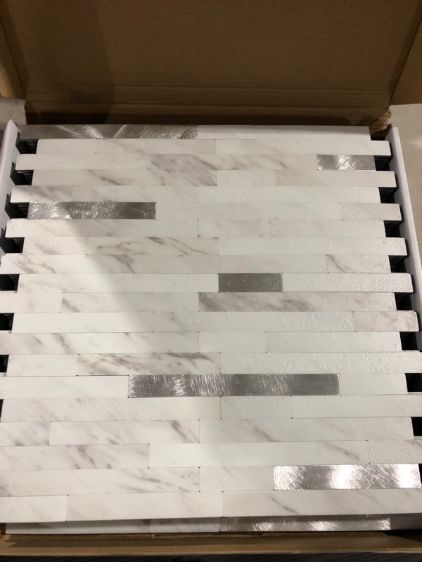 Photo 1 of **NEW** Aimayz Peel and Stick Backsplash Tile,12" X 12" White Marble Stone with Silver Metal for Kitchen Backsplash Bathroom Wall (10 Sheets/Box) White Marble with Metal Silver