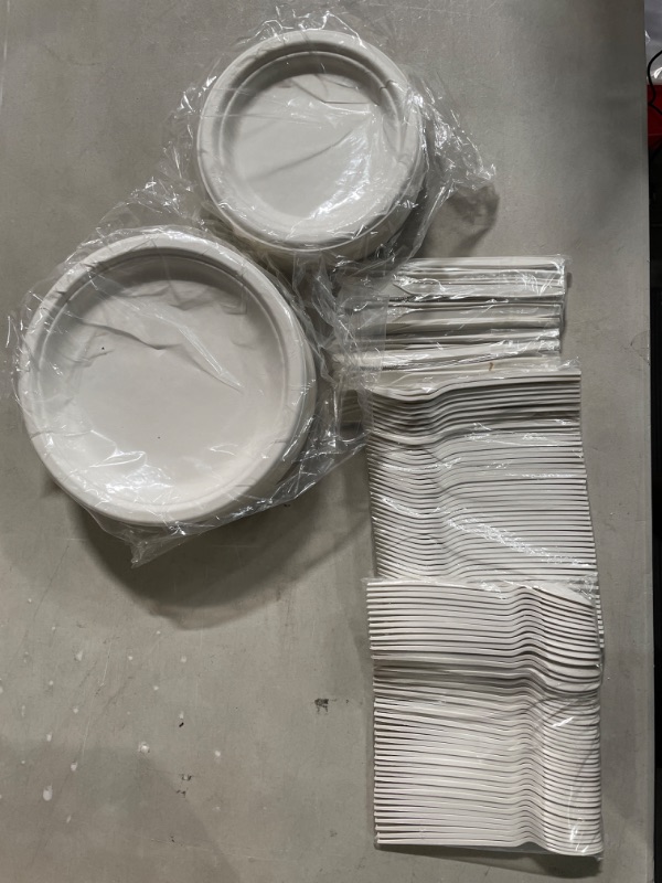 Photo 2 of Compostable Paper Plates Set 250PCS - Disposable Biodegradable 250 Heavy Duty Large 9 Inch Plate, Sturdy 7 Inch Dessert Plates, 7 Inch Cutlery - 250 Pack of 250.