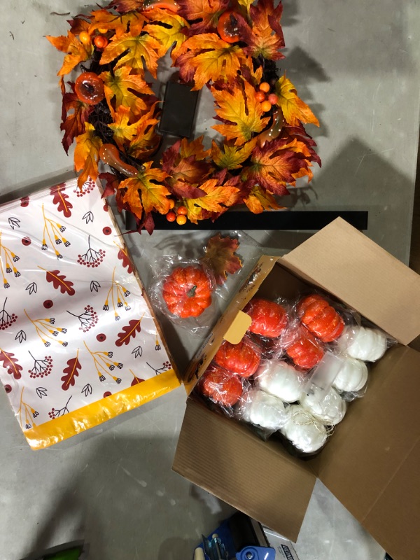 Photo 4 of  FALL BUNDLE: DomeStar 42 PCS Artificial Pumpkins Sets, 12PCS Fake Pumpkins with 30PCS Maple Leaves 1PC String Lights Fall Harvest Pumpkins for Crafts Halloween Thanksgiving Decorations, Twinkle Star 17" Fall Wreath with Metal Hange & Inspired Mailers - P