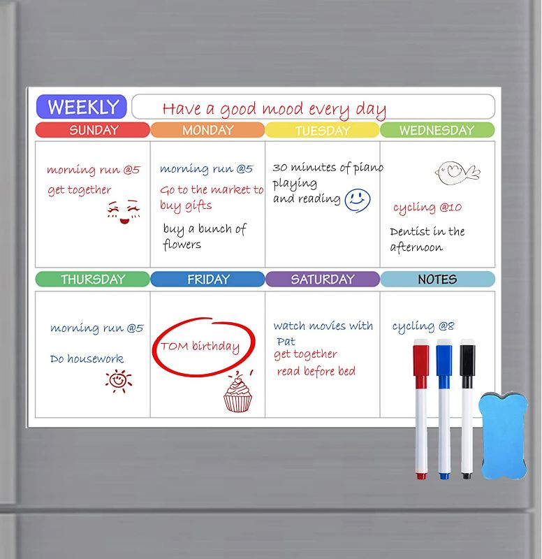 Photo 1 of ELKHAPPY Magnetic Dry Erase Calendar for Fridge?Weekly Planner Fridge Calendar Whiteboard Meal Planner Menu Board with 3Markers, Eraser Set
