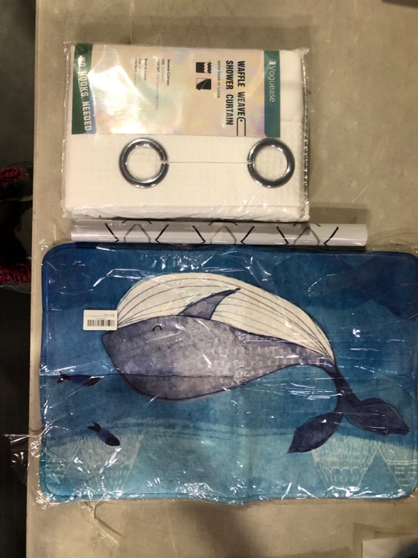 Photo 1 of BATHROOM BUNDLE: Voguease Stall Size Waffle Weave Shower Curtain with Snap-in Liner,Heavy Duty Cotton Blend, Hotel Grade,Machine Washable,54W x 80L,White White Stall 54" x 80", Black and White Peel and Stick Wallpaper Modern Contact Paper 17.7inch x 78.7i