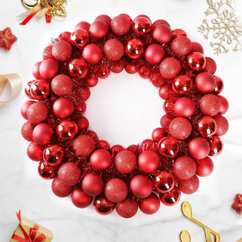 Photo 1 of 16 Inch Christmas Ball Wreath Home Party Decors Xmas Front Door Decorative Hanging Christmaswreaths Ball Ornaments Red
