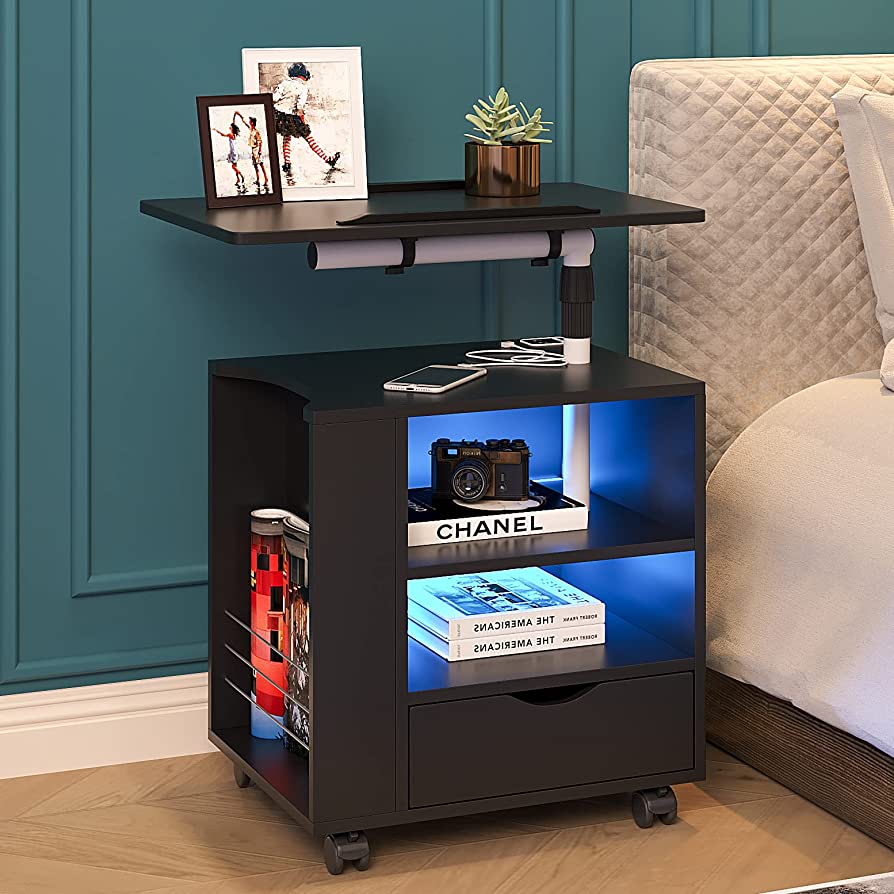 Photo 1 of HNEBC Auto LED Nightstand with 2 USB Charging Station,Black Nightstand Has Adjustable Rotary Table, Bedside Tables with One Drawer and 2 Mezzanines/Infrared Induction 3 Color Lighting(On The Left)