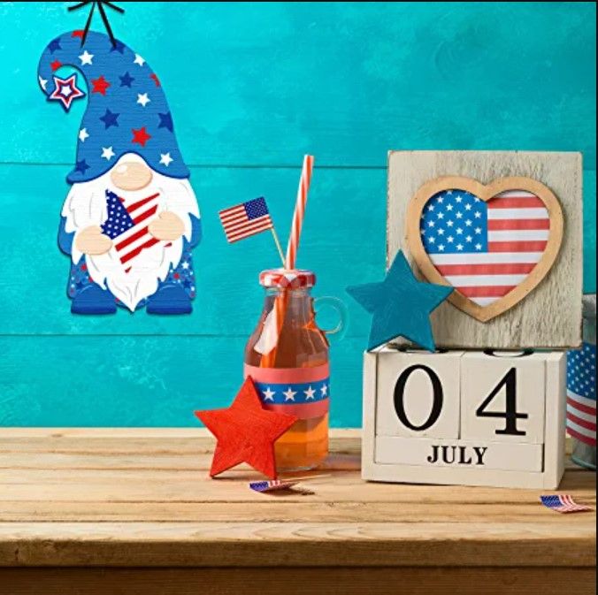 Photo 1 of Jetec 3 Pieces Fourth of July Decorations Patriotic Wooden Signs Independence Day America Wooden Signs I Love USA Gnome Hanging Signs for Window Door Wall Decoration