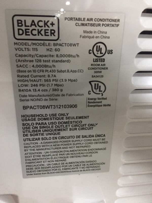 Photo 3 of BLACK+DECKER 8,000 BTU Portable Air Conditioner with Remote Control, White