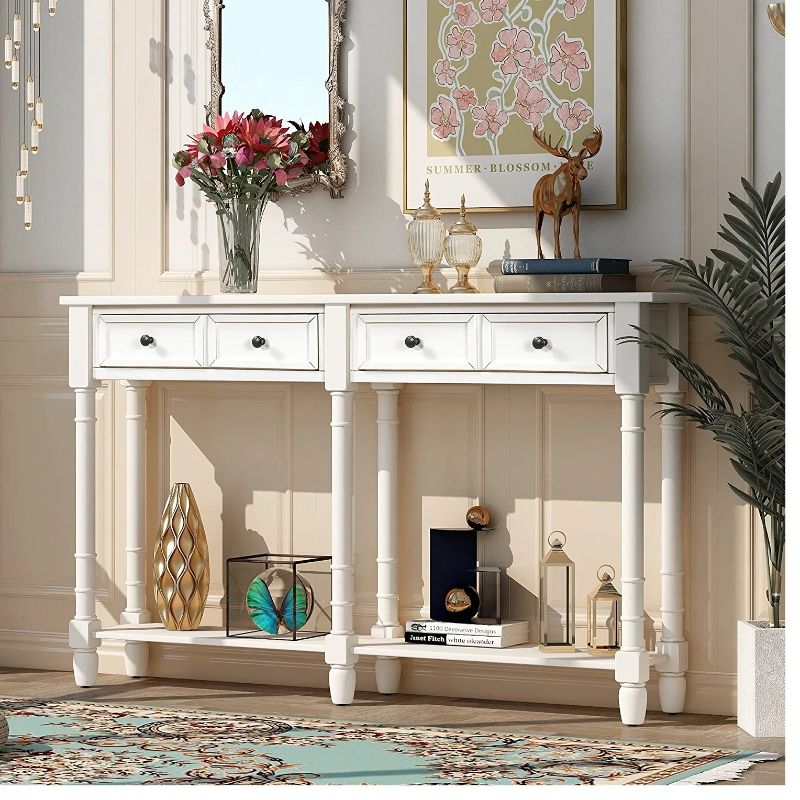 Photo 1 of Desk Console Table for Living Room Console Table Sofa Table Modern Coffee Table Couch Table for Living Room with Two Storage Drawers and Bottom Shelf for Living Room, Entryway (Ivory White)