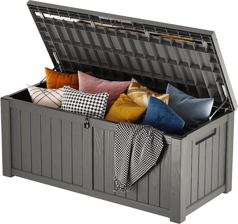 Photo 1 of EAST OAK 120 Gallon Large Deck Box with Durable Stainless Steel Construction for Patio Furniture, Outdoor Cushions, Garden Tools and Sports Equipment, Weather Resistant Resin, Padlock Lock Included 56.3 x 26.57 x 23.81 inches
