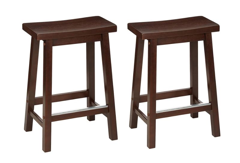 Photo 1 of Amazon Basics Solid Wood Saddle-Seat Kitchen Counter-Height Stool - Set of 2, 24" Counter Stool, Walnut Finish