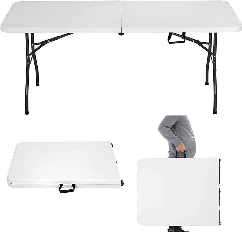 Photo 1 of Folding Table 6 Ft Heavy Duty Fold Up Table Camping Working Table Indoor Outdoor Plastic Folding Table Utility Party Dining Table Easy to Assemble with Lock Function White