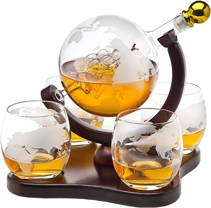 Photo 1 of **missing base** Whiskey Decanter Globe Set with 4 Etched Globe Whisky Glasses for Liquor, Scotch, Bourbon, Vodka, Gifts for Men - 850ml