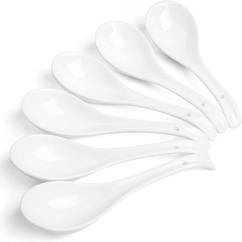 Photo 1 of MKCYHE Asian Soup Spoon Set of 6, Ceramic White Chinese Soup Spoons,Deep Oval Hook Design,Japanese Soup Spoon for Ramen Pho Miso Wonton.
Size :6.75"L, 2"W